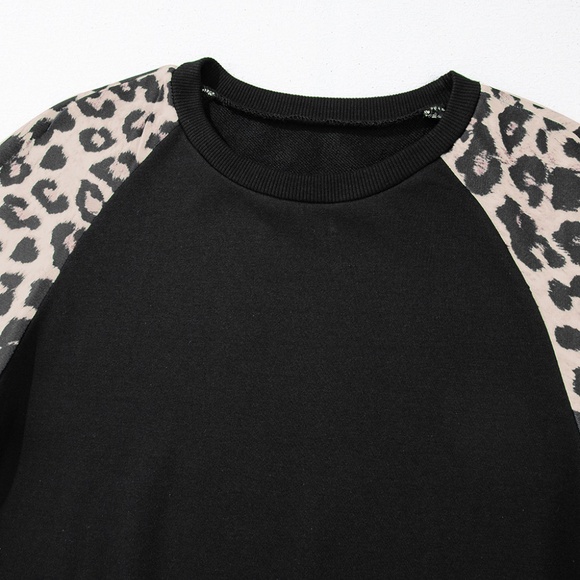 1 MEDIUM LEFT!!! Black Leopard Print Colorblock Raglan Sleeve Sweatshirt - Picture 11 of 14